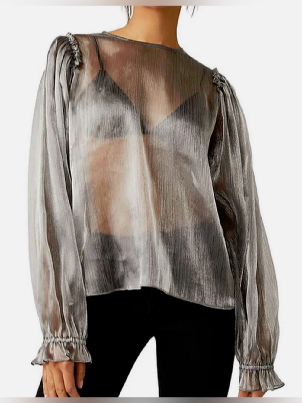 Free People Sheer Silver Metallic Button and Tie Back Blouse - Size M